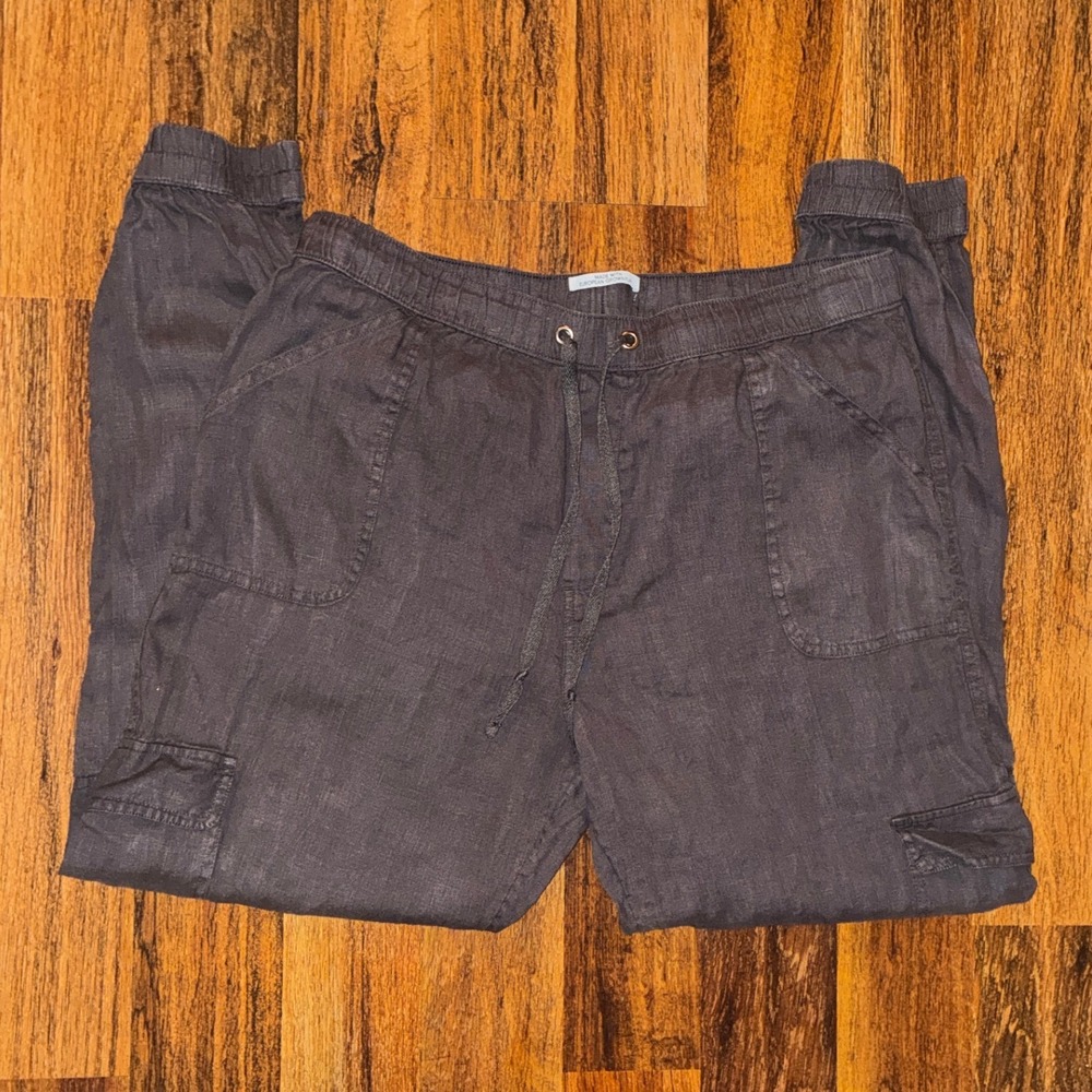 Caslon Women Dark Grey European Grown Flax Linen Blend Cargo Jogger Pants L
